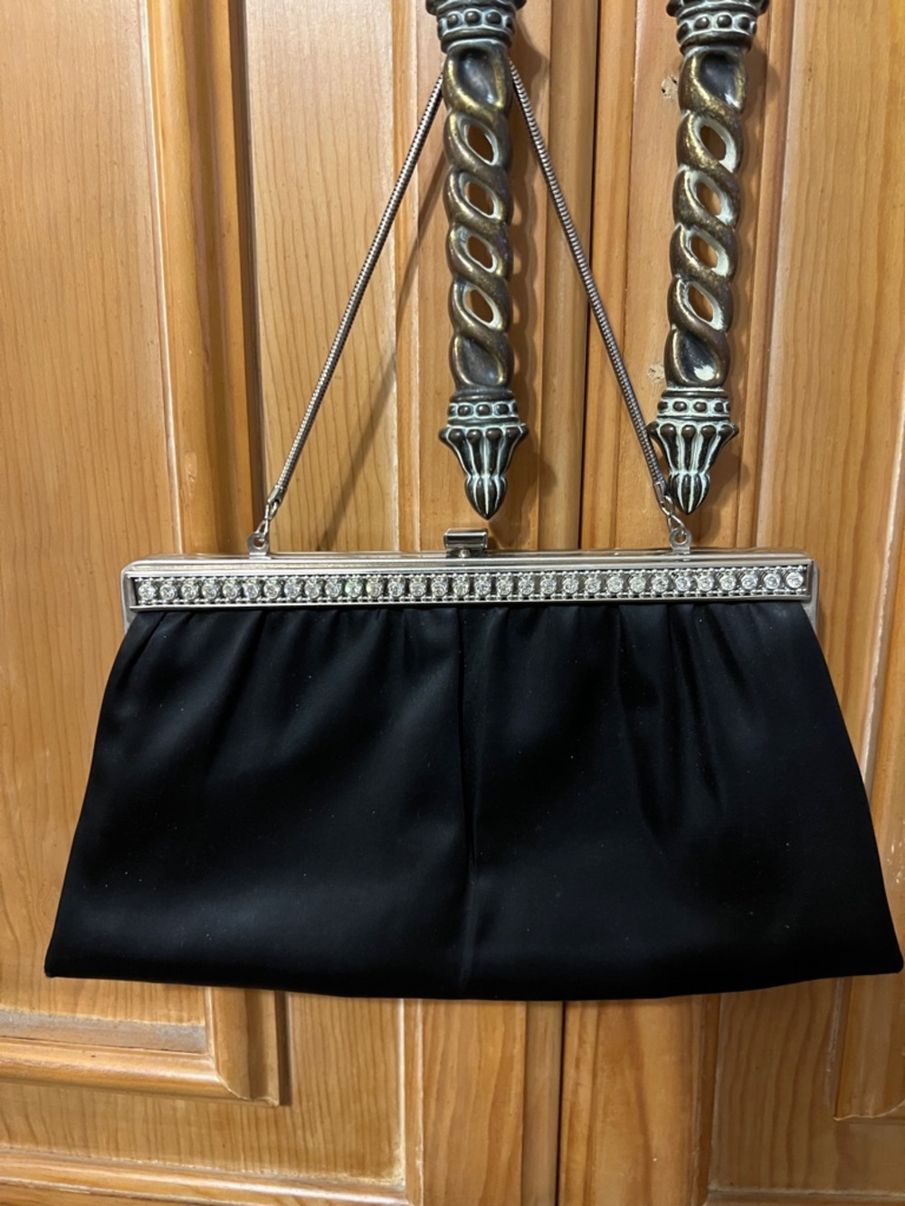 VINTAGE Elegant Black Satin Evening Clutch w Silver Trim & Crystals Aprox 1960s